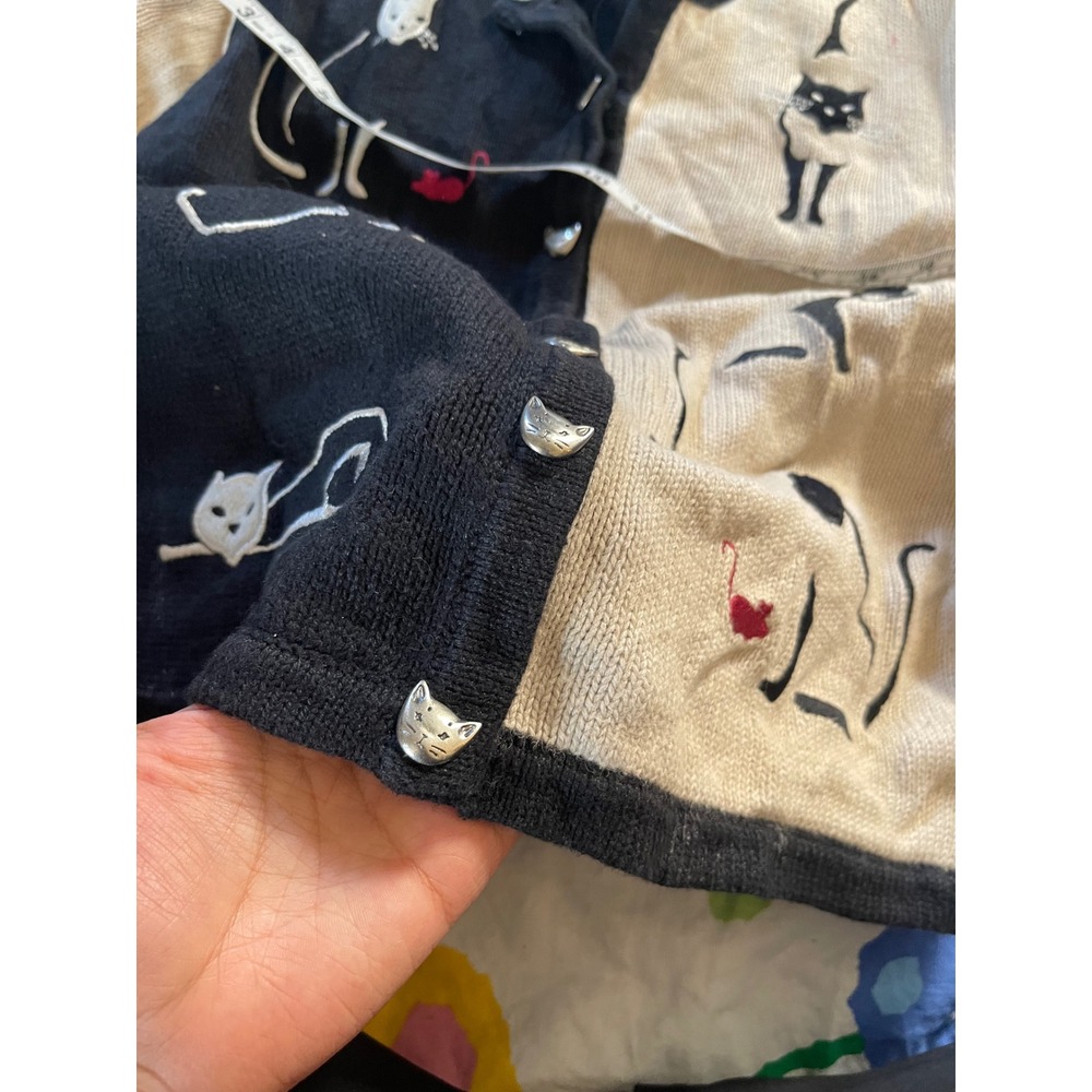 Vintage Cat Embroidered Cardigan Black Cream Size M - Picture 8 of 8